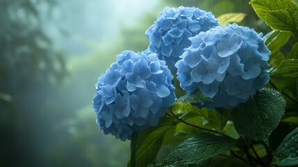 Blue hydrangeas in a misty garden, soft raindrops on the petals, generative ai