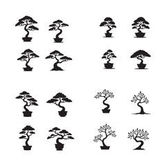 Bonsai trees, Japanese miniature trees, black and white silhouettes 