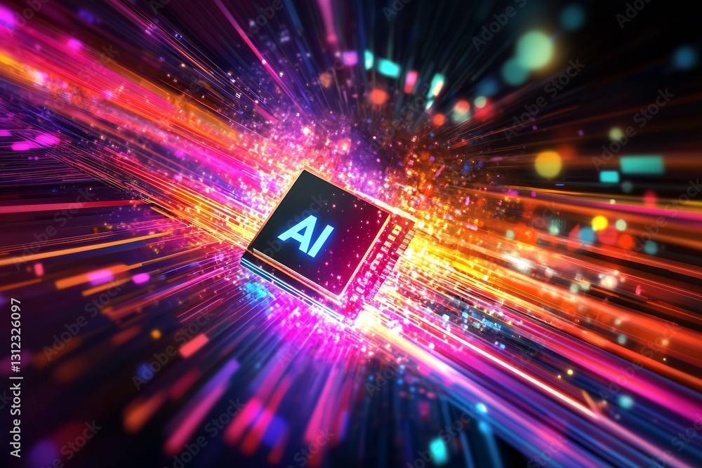 Poster Dynamic burst of color from an AI microprocessor surrounded by glowing particles and vibrant energy : Generative AI