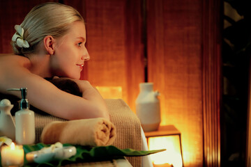 Caucasian woman customer enjoying relaxing anti-stress spa massage and pampering with beauty skin...