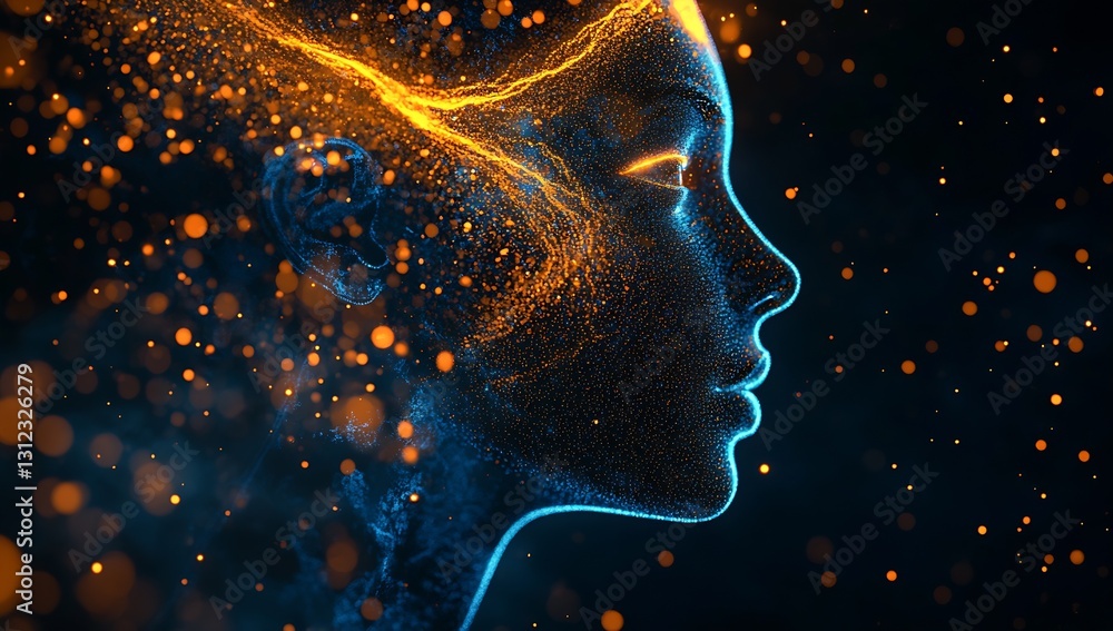 Aufkleber Stunning digital representation of a woman's profile illuminated with vibrant neon particles and glowing effects : Generative AI