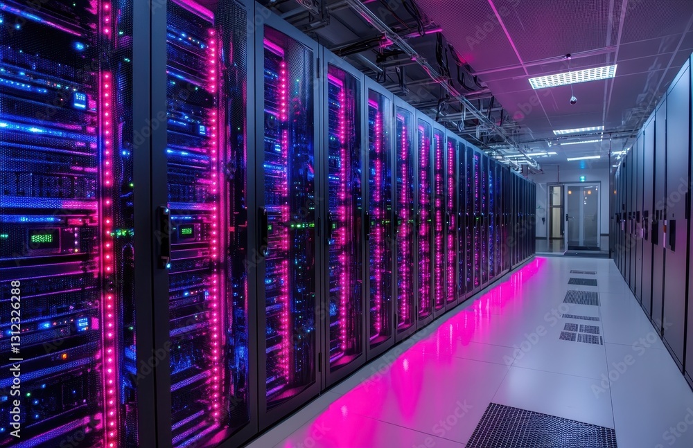Poster modern data center with colorful led lighting showcasing high-tech server racks and efficient coolin