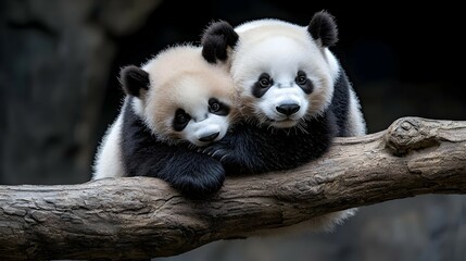 Fototapeta premium Two Adorable Panda Cubs Hugging on Tree Branch