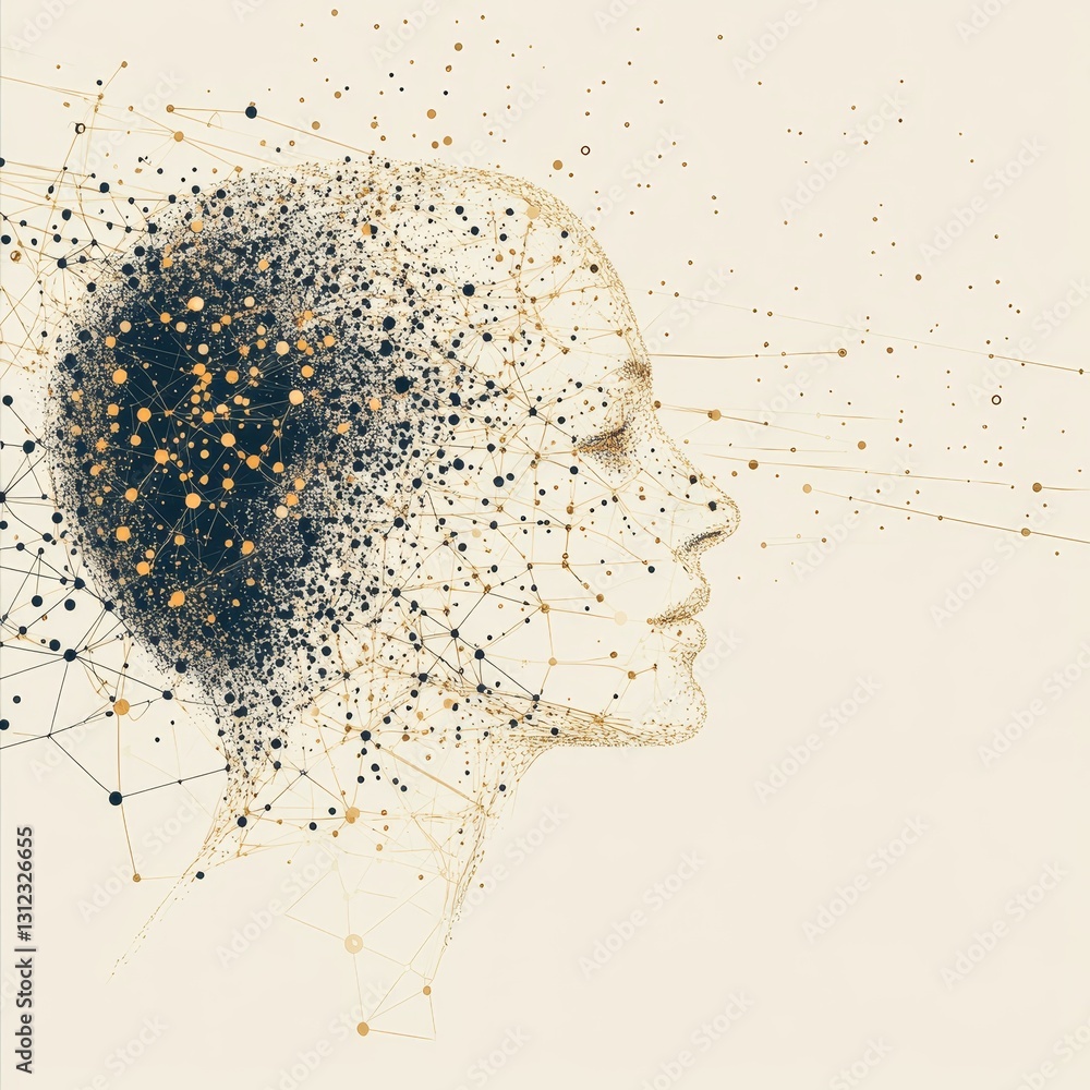 Poster abstract human profile with network of dots and lines in light colors