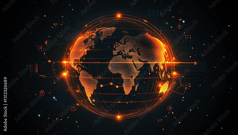 Poster An artistic representation of the globe featuring glowing elements and digital connections in a dark background : Generative AI