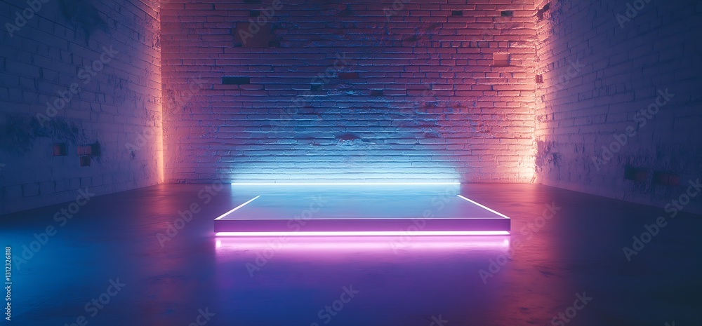Fototapete Minimalistic neon-lit platform in a dim space promoting a unique artistic and futuristic vibe : Generative AI