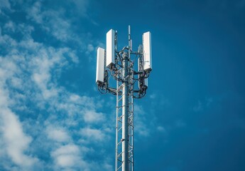 Modern telecommunications tower against a clear blue sky with white clouds illustrating the connectivity of mobile networks and technology infrastructure