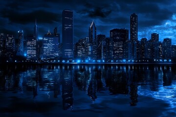 Obraz premium Stunning Night View of Urban Skyline Reflected on Water Under a Dark Cloudy Sky : Generative AI