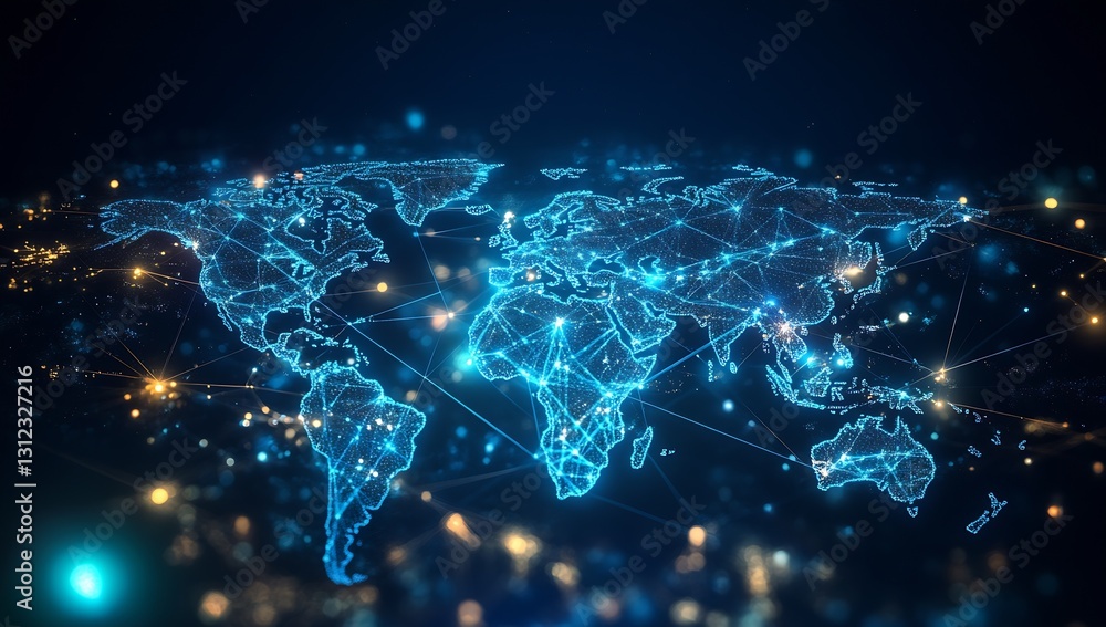 Poster Vibrant Digital World Map Design with Dynamic Light Connections in Blue representing Global Information Flow : Generative AI