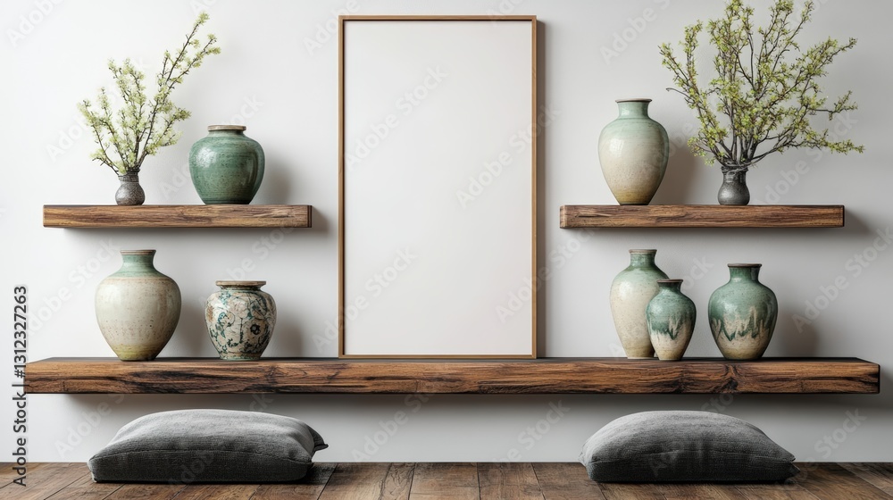 Poster elegant vase displayed alongside a mirror on a wall creating a stylish decorative element in the roo