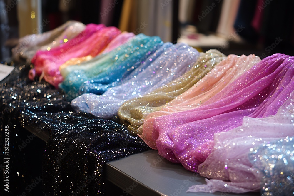 Poster vibrant collection of shimmering fashion fabrics in beautiful colors displayed on a table : generati