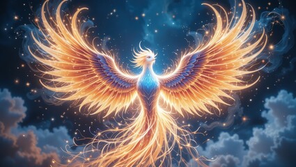 Majestic Phoenix Rising with Bright Fiery Wings Under a Starry Night Sky
