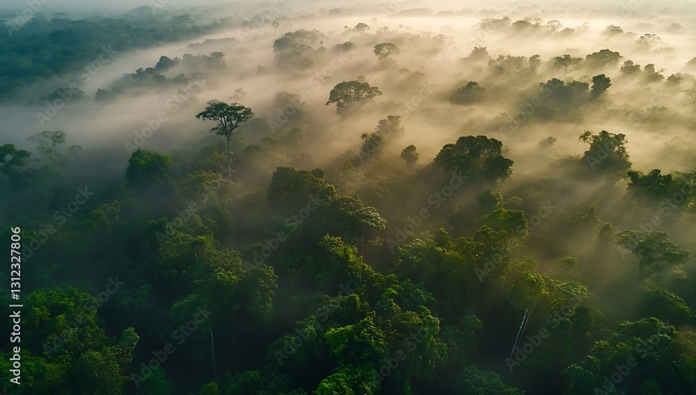 Poster Stunning Drone Capture of Lush Forest with Rolling Fog Creating Enchanting Natural Landscape : Generative AI