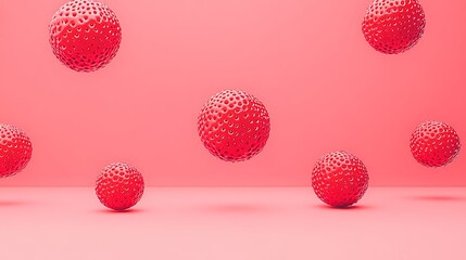 Red spheres hovering on red surface. Abstract 3D render for tech or science presentation background
