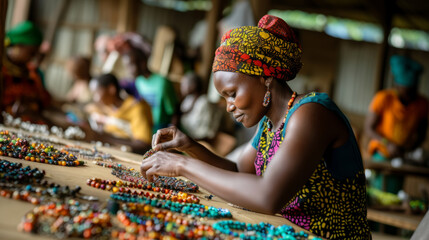Woman making beaded necklaces in a cooperative in africa