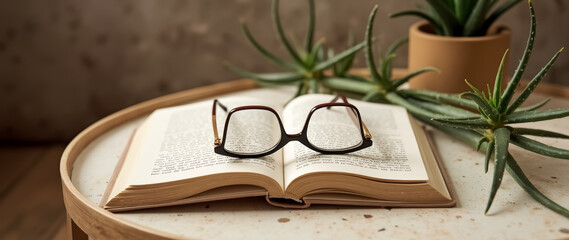 eyeglasses resting on an open book with a succulent plant