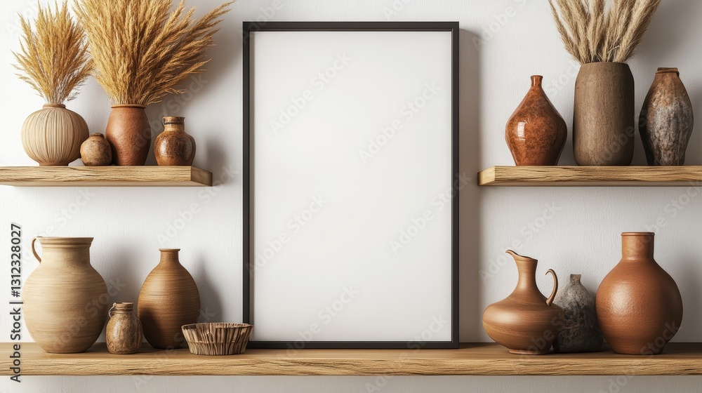 Poster stylish shelf displaying decorative vases and a blank picture frame in a modern home decor setting