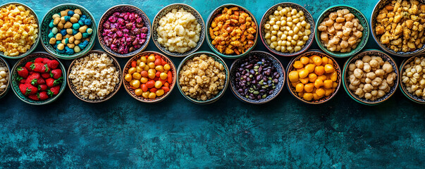 Colorful food bowls, kitchen, overhead