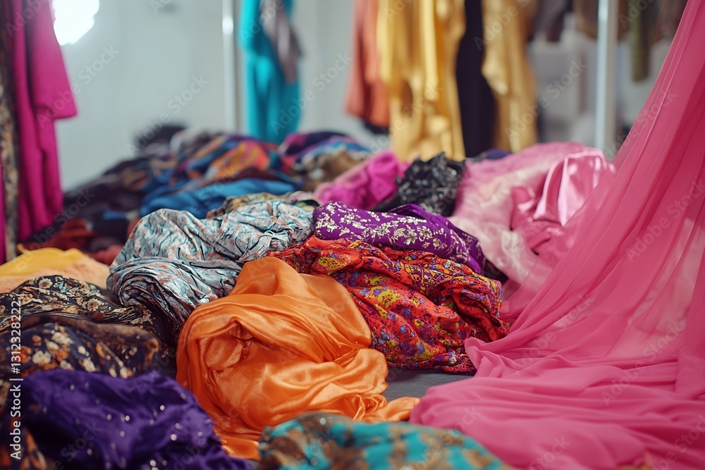 Poster a vibrant display of colorful fabrics scattered across a floor capturing the essence of fashion and 