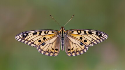 Fototapeta premium Detailed Closeup of a Brown and Orange Butterfly with Black Spots on Green Background