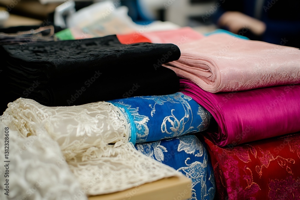 Poster elegant handcrafted fabrics stacked neatly in a textile store for fashion designers : generative ai