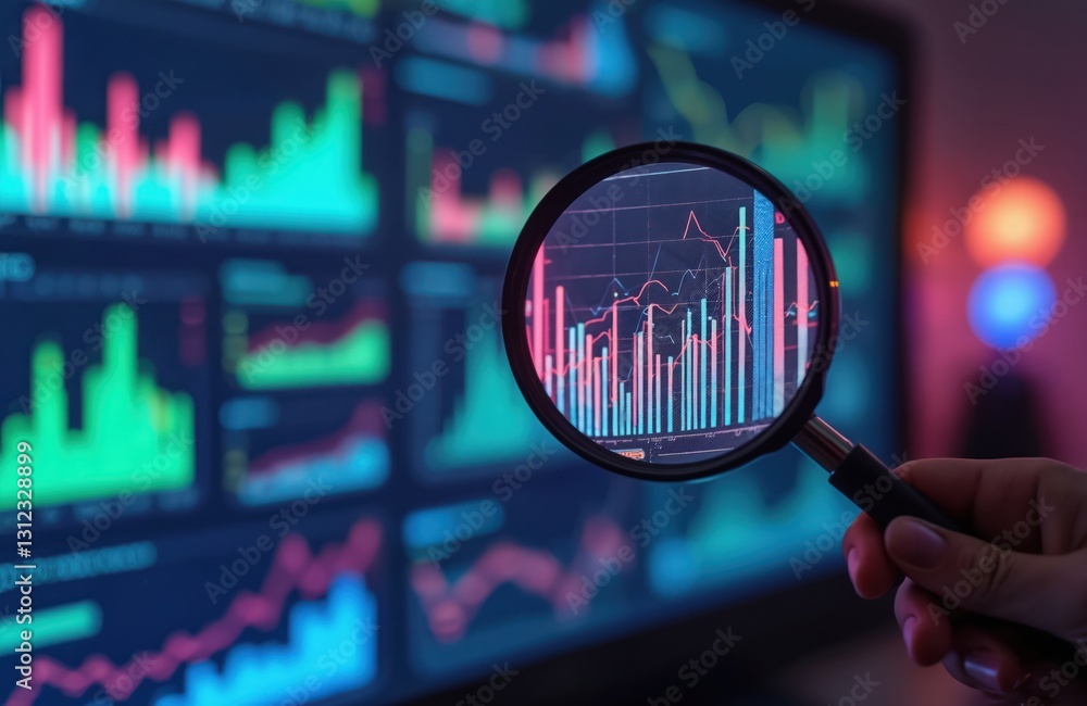 Poster Data analysis with charts on screen. Magnifier focuses financial graphs. Ultraviolet, neon screen display stock market data, currency exchange rates, business analytics insight for investment