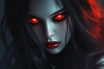 Fototapeta premium Enigmatic Woman with Striking Red Eyes and Dark Hair in Mystical Setting
