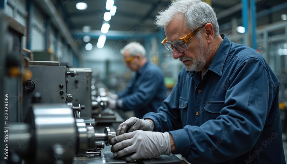 Aufkleber two workers control lathe machines to drill components in metal lathe industrial manufacturing facto