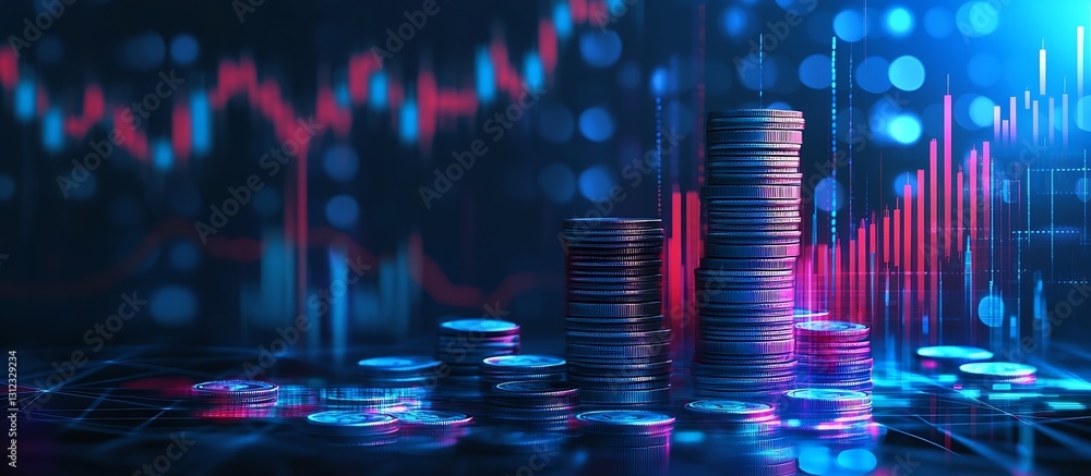 Poster piles of coins with vivid digital graphs and data visualizations showcasing market trends and financ