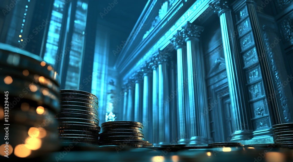 Aufkleber Majestic banking architecture with towering columns and shimmering coins reflecting wealth and stability : Generative AI