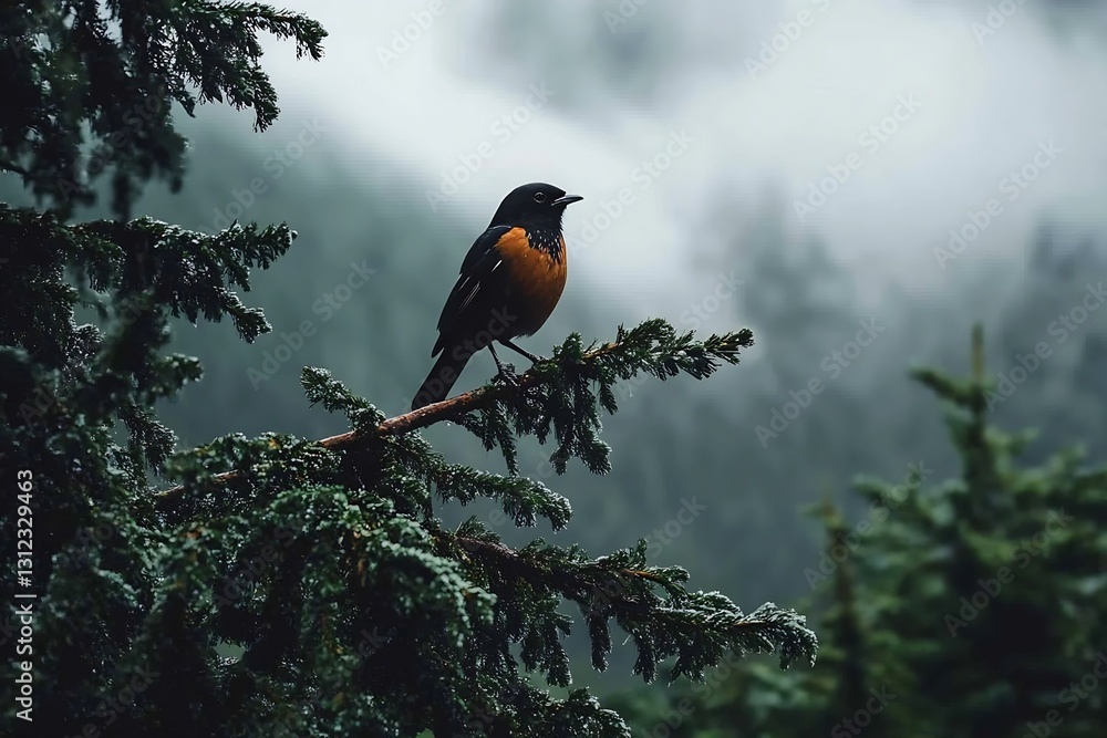 Poster a striking bird perched on a frost-covered branch amid a misty green forest : generative ai