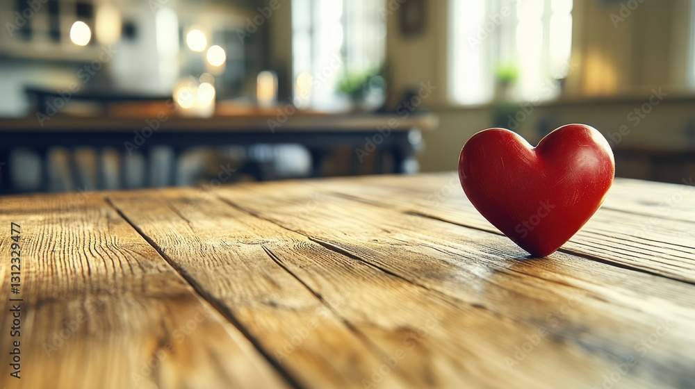 Poster a red heart-shaped object rests on a weathered wooden table in a charming indoor space. soft natural