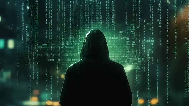 A hooded individual interacts with a GUI interface to steal data, set against a green Matrix-style background, evoking a sense of hacking, cybercrime, and digital espionage in a futuristic, high-tech 