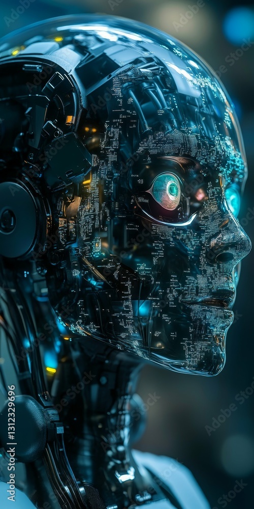 Poster futuristic human-like robot with complex circuitry and digital enhancements in focus