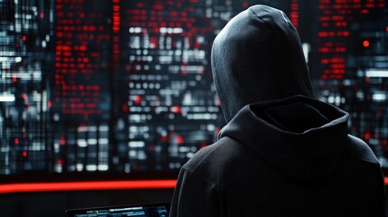 Mysterious figure in a hoodie analyzing digital data in a high-tech environment