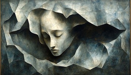 Somber Face for Abstract Relief, Dark Blue Hues.