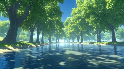 Scenic river bordered by lush green trees under a blue sky