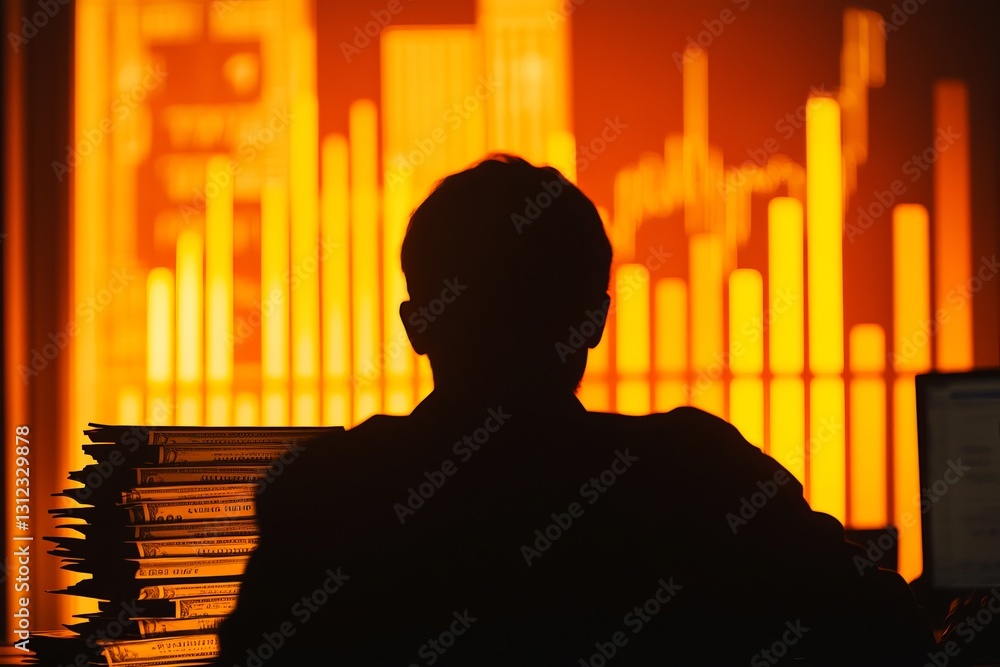 Poster a man is sitting at a desk with a computer and a stack of papers