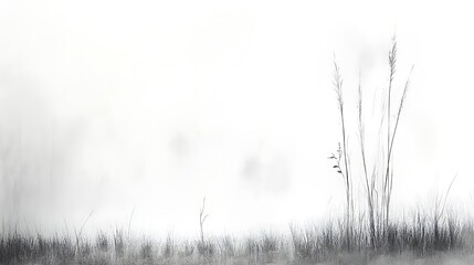 Obraz premium Minimalist grayscale illustration of tall grass and reeds in a misty landscape