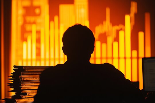 A man is sitting at a desk with a computer and a stack of papers
