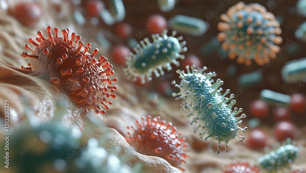 Fototapete Detailed 3D rendering of various bacteria and viruses illustrating the complexity of microorganisms and their interactions : Generative AI