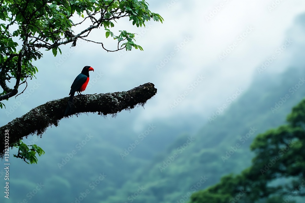Poster Colorful bird perched on a tree branch amidst lush mountain scenery creating a serene atmosphere : Generative AI