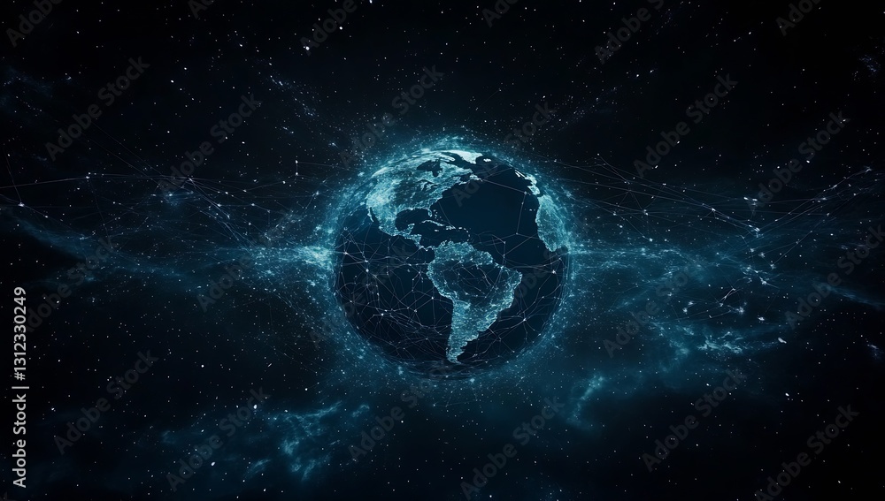Poster Illuminating digital globe network representation showing interconnected lines and nodes in space : Generative AI