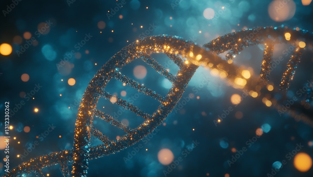 Leinwandbilder glowing dna helix on a blue bokeh background with sparkling elements : generative ai
