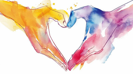 watercolor illustration of colorful hands forming a heart
