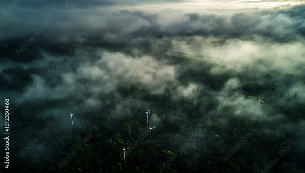 Aufkleber aerial view of lush forest shrouded in mist with wind turbines peeking through : generative ai