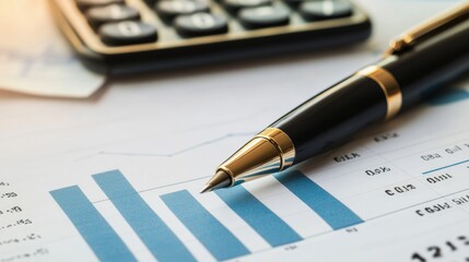 Financial Analysis, Close-up of pen resting on bar graph charts and calculator in the background.