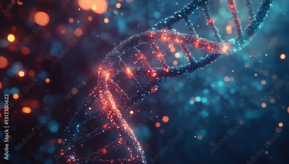 Poster Stunning 3D representation of a DNA strand illuminated by vibrant lights showcasing biological data : Generative AI