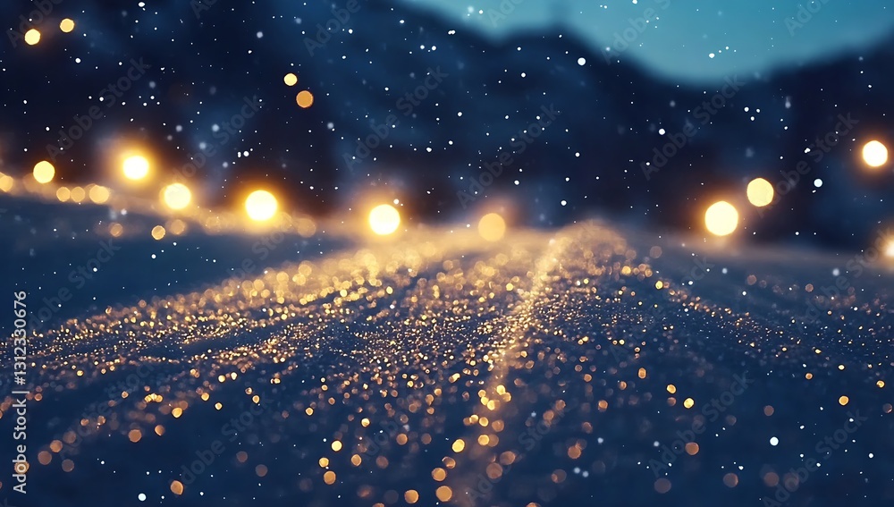 Poster elegant snowy road illuminated by warm glowing lights creating a cozy winter scene with a sparkling 