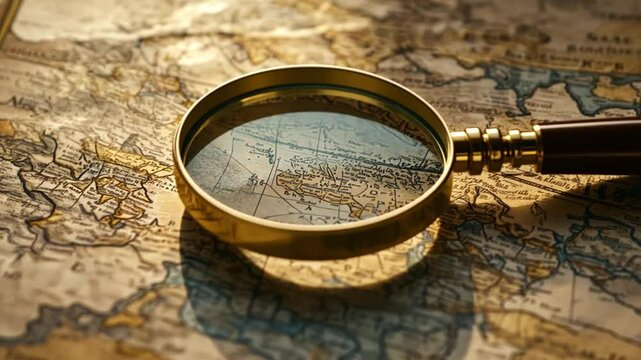 Vintage brass magnifying glass on an old world map with warm lighting and historical exploration theme.